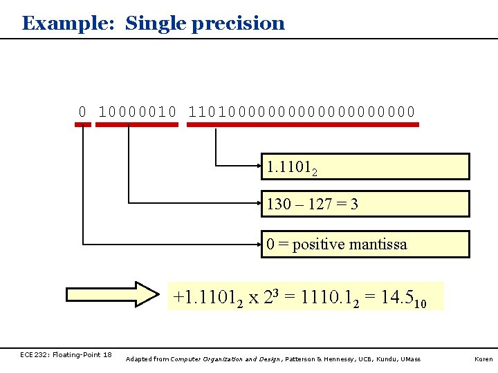Example: Single precision 0 10000010 11010000000000 1. 11012 130 – 127 = 3 0 Example: Single precision 0 10000010 11010000000000 1. 11012 130 – 127 = 3 0