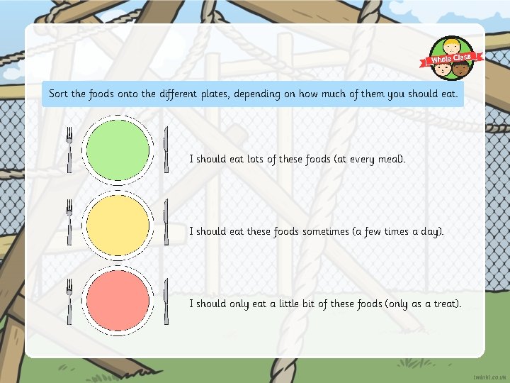 Sort the foods onto the different plates, depending on how much of them you