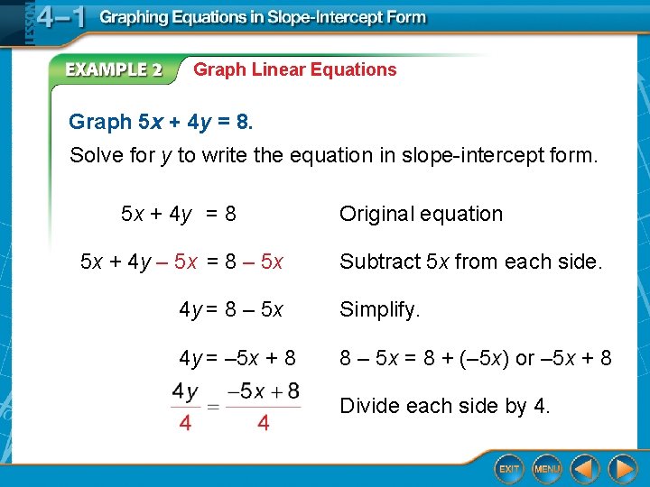 Graph Linear Equations Graph 5 x + 4 y = 8. Solve for y