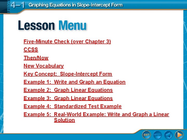 Five-Minute Check (over Chapter 3) CCSS Then/Now New Vocabulary Key Concept: Slope-Intercept Form Example