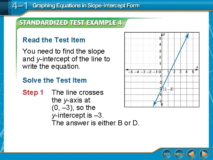 Read the Test Item You need to find the slope and y-intercept of the