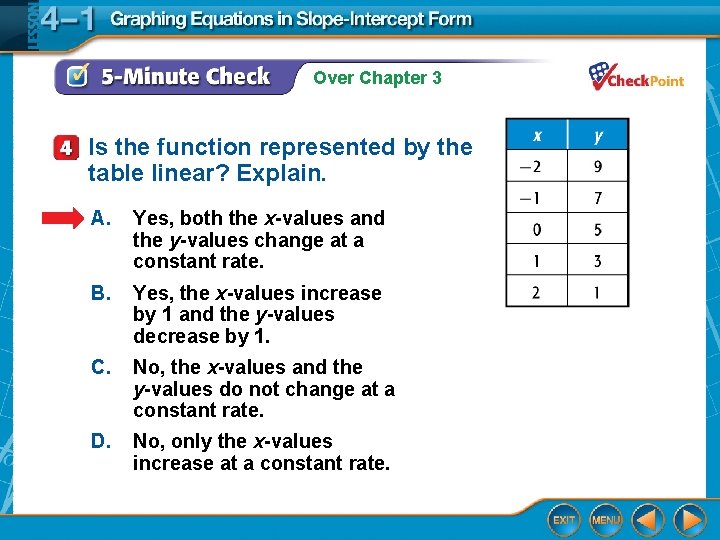 Over Chapter 3 Is the function represented by the table linear? Explain. A. Yes,