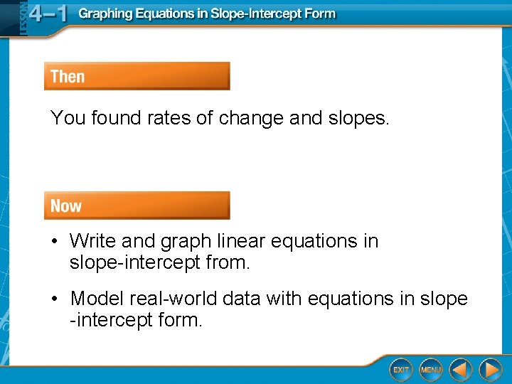 You found rates of change and slopes. • Write and graph linear equations in