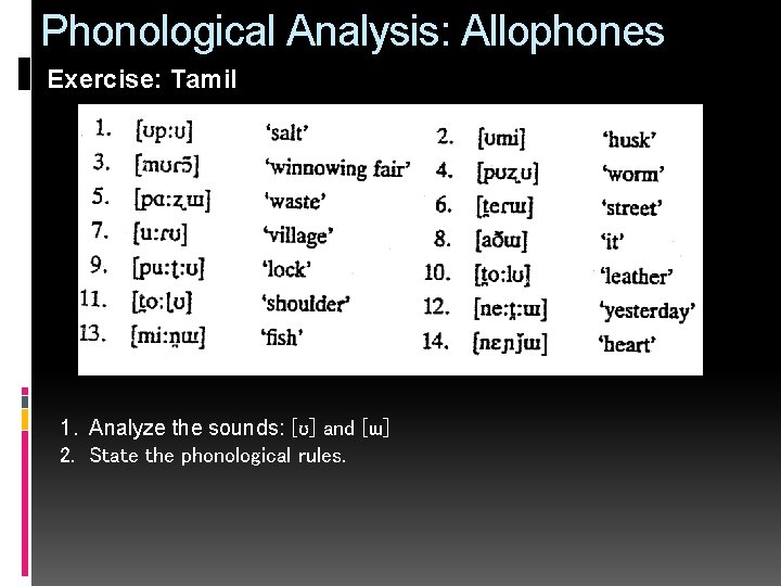 Phonological Analysis: Allophones Exercise: Tamil 1. Analyze the sounds: [ʊ] and [ɯ] 2. State