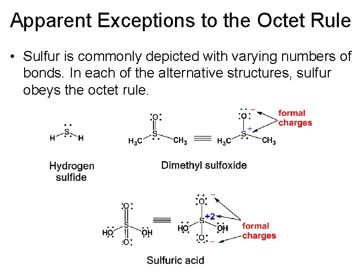 Apparent Exceptions to the Octet Rule • Sulfur is commonly depicted with varying numbers