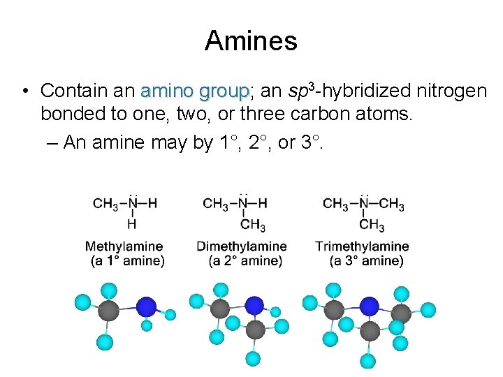 Amines • Contain an amino group; group an sp 3 -hybridized nitrogen bonded to
