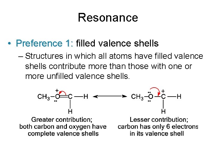 Resonance • Preference 1: filled valence shells – Structures in which all atoms have