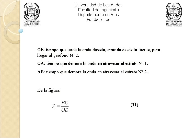 Universidad de Los Andes Facultad de Ingeniería Departamento de Vías Fundaciones OE: tiempo que