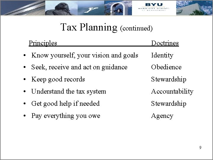 Tax Planning (continued) Principles Doctrines • Know yourself, your vision and goals Identity •