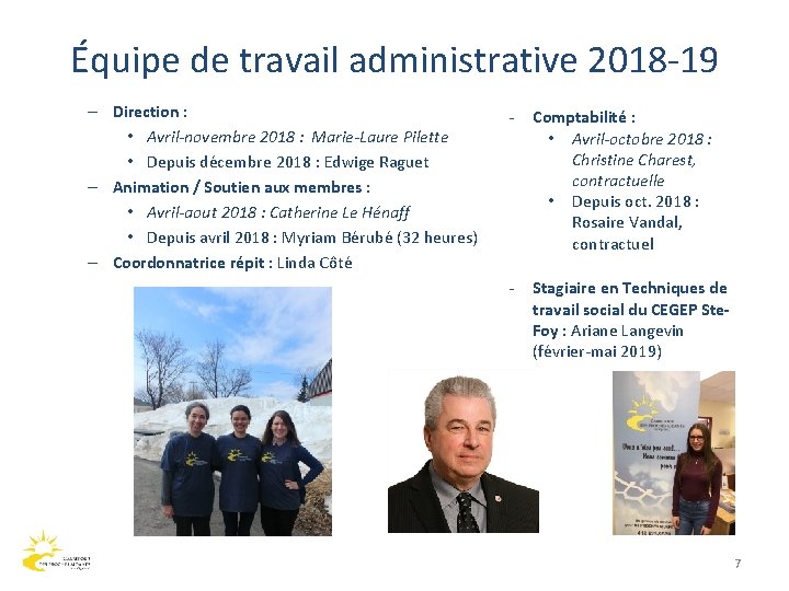 Équipe de travail administrative 2018 -19 – Direction : • Avril-novembre 2018 : Marie-Laure