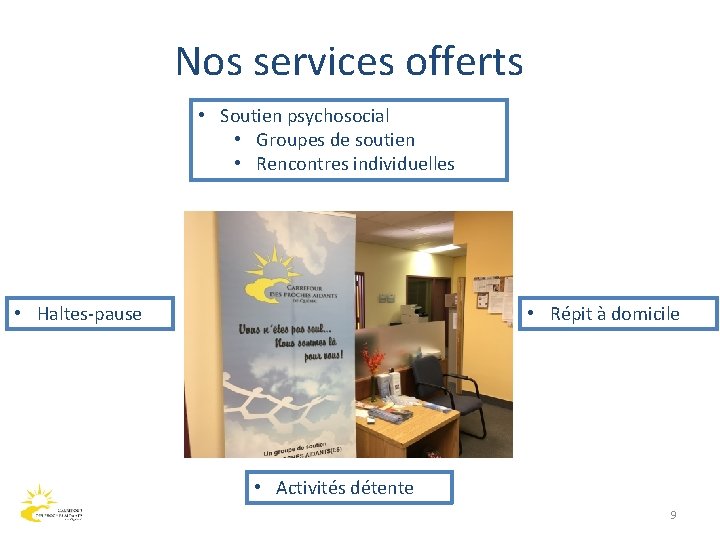 Nos services offerts • Soutien psychosocial • Groupes de soutien • Rencontres individuelles •