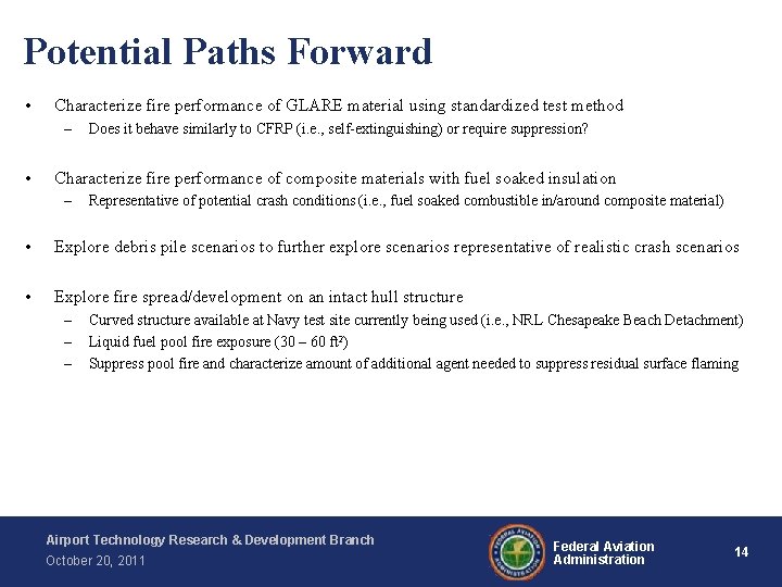 Potential Paths Forward • Characterize fire performance of GLARE material using standardized test method