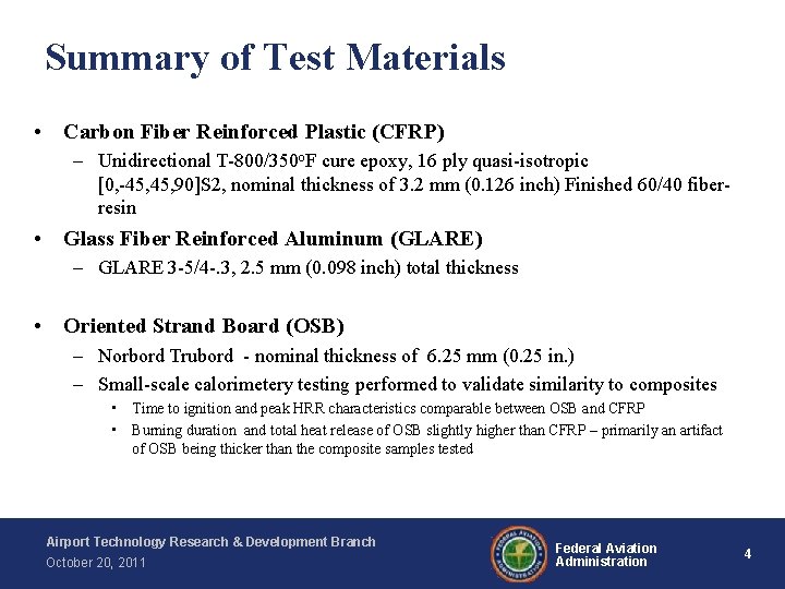 Summary of Test Materials • Carbon Fiber Reinforced Plastic (CFRP) – Unidirectional T-800/350 o.