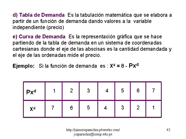 d) Tabla de Demanda Es la tabulación matemática que se elabora a partir de