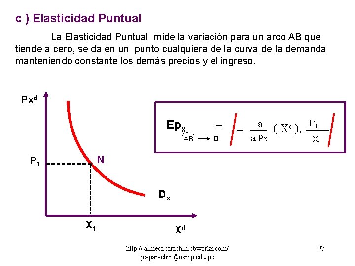 c ) Elasticidad Puntual La Elasticidad Puntual mide la variación para un arco AB