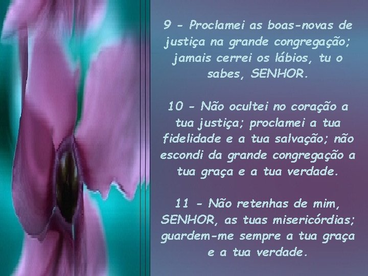 9 - Proclamei as boas-novas de justiça na grande congregação; jamais cerrei os lábios,