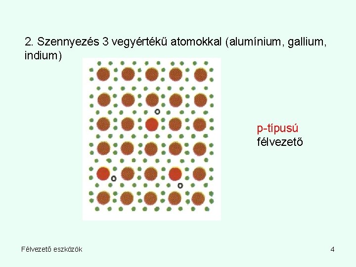 2. Szennyezés 3 vegyértékű atomokkal (alumínium, gallium, indium) p-típusú félvezető Félvezető eszközök 4 