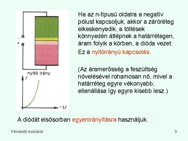 Ha az n-típusú oldalra a negatív pólust kapcsoljuk, akkor a záróréteg elkeskenyedik, a töltések