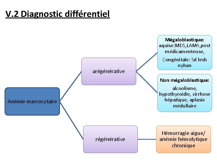 V. 2 Diagnostic différentiel arégénérative Mégaloblastique: aquise: MDS, LAM 6, post médicamenteuse, Congénitale: Sd