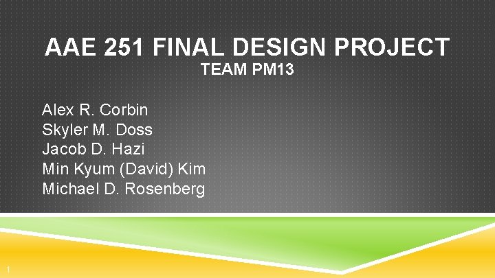AAE 251 FINAL DESIGN PROJECT TEAM PM 13 Alex R. Corbin Skyler M. Doss AAE 251 FINAL DESIGN PROJECT TEAM PM 13 Alex R. Corbin Skyler M. Doss