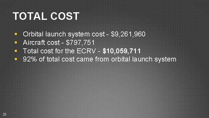 TOTAL COST § § 25 Orbital launch system cost - $9, 261, 960 Aircraft TOTAL COST § § 25 Orbital launch system cost - $9, 261, 960 Aircraft
