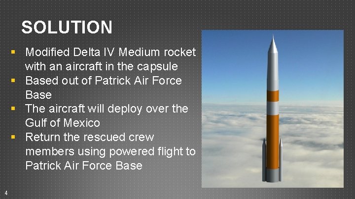 SOLUTION § Modified Delta IV Medium rocket with an aircraft in the capsule § SOLUTION § Modified Delta IV Medium rocket with an aircraft in the capsule §