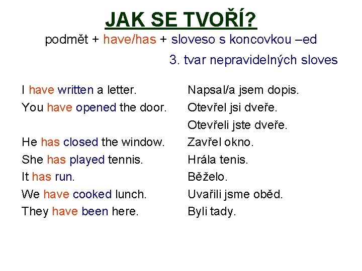 JAK SE TVOŘÍ? podmět + have/has + sloveso s koncovkou –ed 3. tvar nepravidelných JAK SE TVOŘÍ? podmět + have/has + sloveso s koncovkou –ed 3. tvar nepravidelných