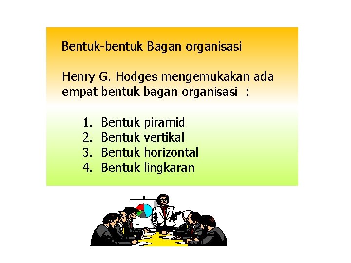 Bentuk-bentuk Bagan organisasi Henry G. Hodges mengemukakan ada empat bentuk bagan organisasi : 1. Bentuk-bentuk Bagan organisasi Henry G. Hodges mengemukakan ada empat bentuk bagan organisasi : 1.
