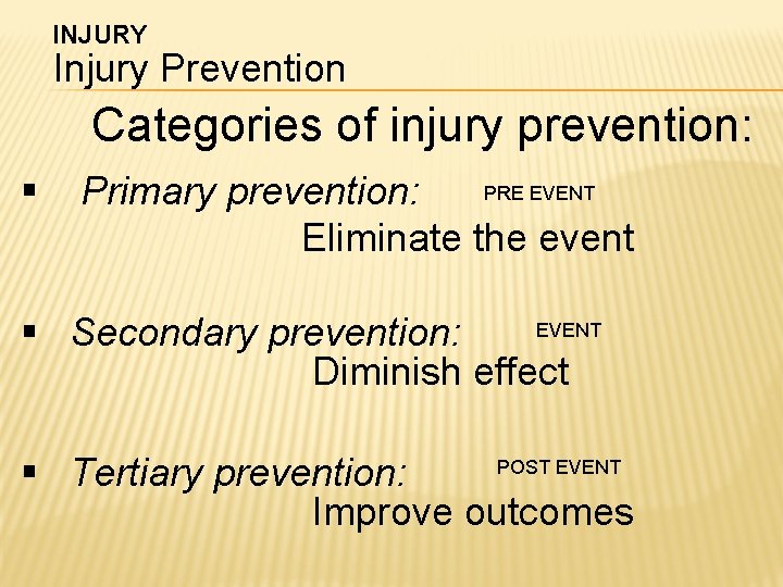 INJURY Injury Prevention Categories of injury prevention: § PRE EVENT Primary prevention: Eliminate the INJURY Injury Prevention Categories of injury prevention: § PRE EVENT Primary prevention: Eliminate the