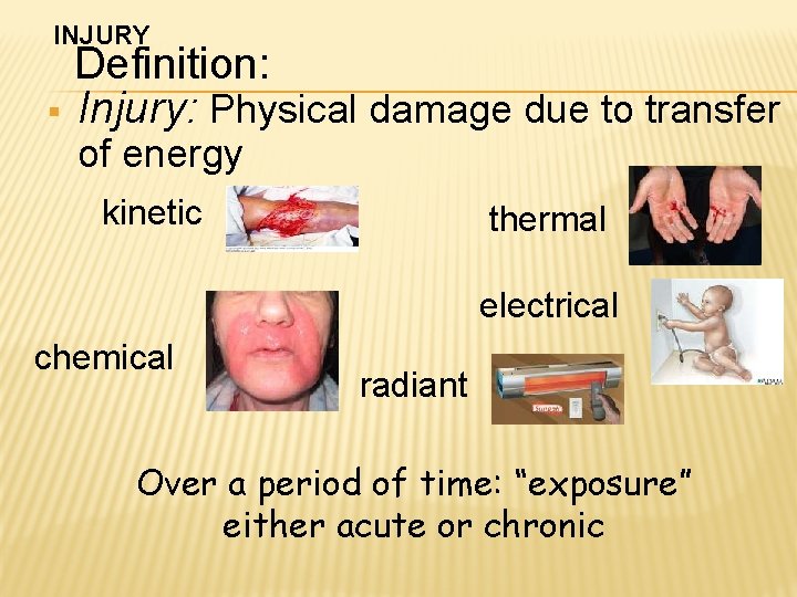 INJURY Definition: § Injury: Physical damage due to transfer of energy kinetic thermal electrical INJURY Definition: § Injury: Physical damage due to transfer of energy kinetic thermal electrical