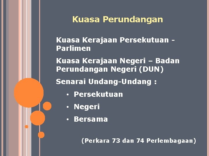 Kuasa Perundangan Kuasa Kerajaan Persekutuan Parlimen Kuasa Kerajaan Negeri – Badan Perundangan Negeri (DUN)