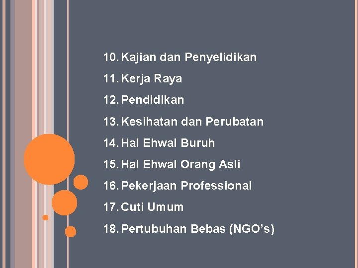 10. Kajian dan Penyelidikan 11. Kerja Raya 12. Pendidikan 13. Kesihatan dan Perubatan 14.