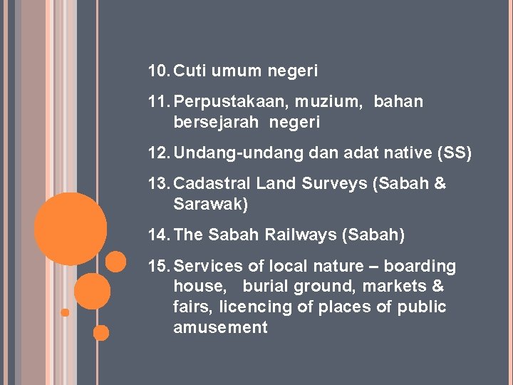 10. Cuti umum negeri 11. Perpustakaan, muzium, bahan bersejarah negeri 12. Undang-undang dan adat