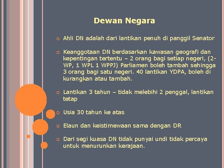 Dewan Negara Ahli DN adalah dari lantikan penuh di panggil Senator Keanggotaan DN berdasarkan