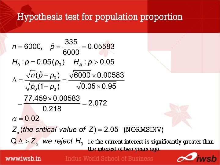 Hypothesis test for population proportion - the B-school (NORMSINV) i. e the current interest