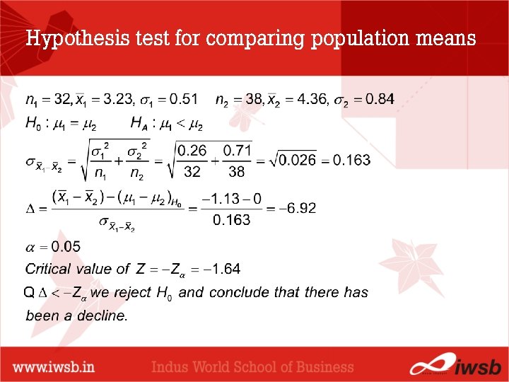 Hypothesis test for comparing population means - the B-school 