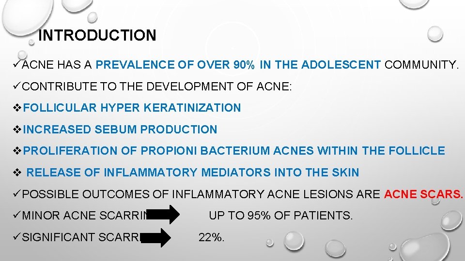 INTRODUCTION üACNE HAS A PREVALENCE OF OVER 90% IN THE ADOLESCENT COMMUNITY. üCONTRIBUTE TO