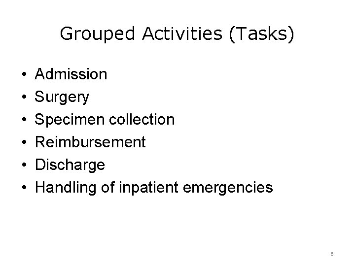 Grouped Activities (Tasks) • • • Admission Surgery Specimen collection Reimbursement Discharge Handling of