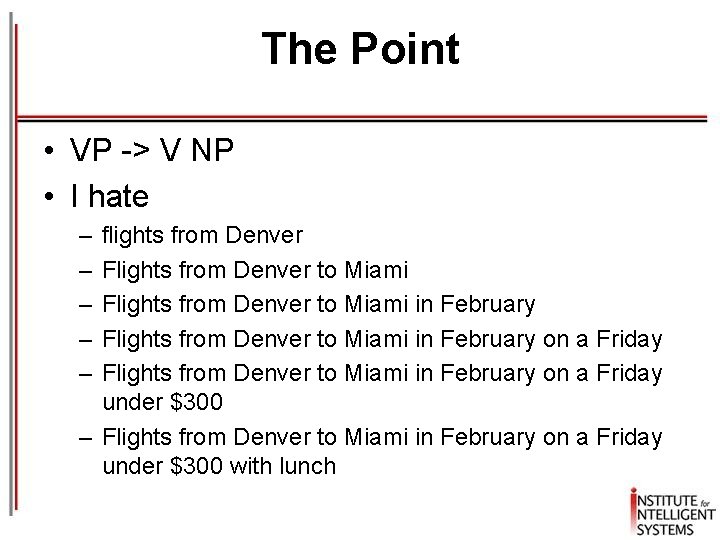 The Point • VP -> V NP • I hate – – – flights