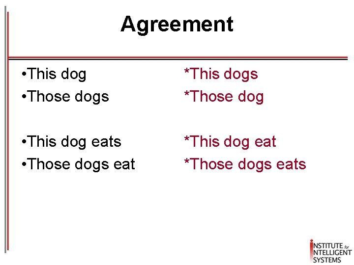 Agreement • This dog • Those dogs *This dogs *Those dog • This dog