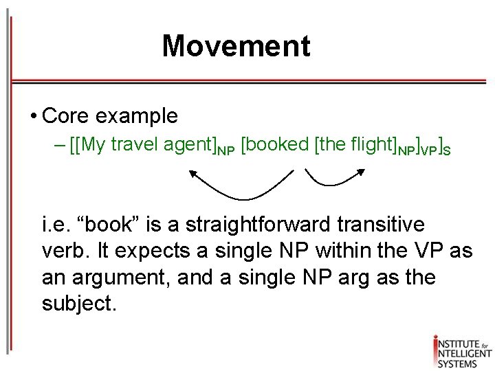 Movement • Core example – [[My travel agent]NP [booked [the flight]NP]VP]S i. e. “book”