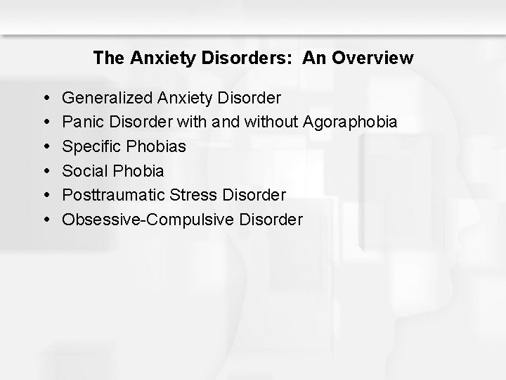 The Anxiety Disorders: An Overview Generalized Anxiety Disorder Panic Disorder with and without Agoraphobia