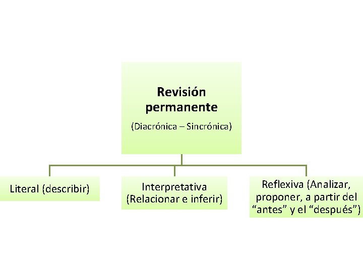 Revisión permanente (Diacrónica – Sincrónica) Literal (describir) Interpretativa (Relacionar e inferir) Reflexiva (Analizar, proponer,