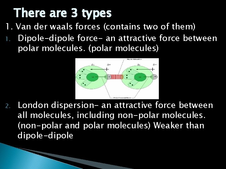 There are 3 types 1. Van der waals forces (contains two of them) 1. There are 3 types 1. Van der waals forces (contains two of them) 1.
