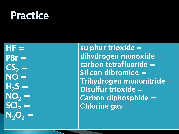 Practice HF = PBr = CS 2 = NO = H 2 S = Practice HF = PBr = CS 2 = NO = H 2 S =