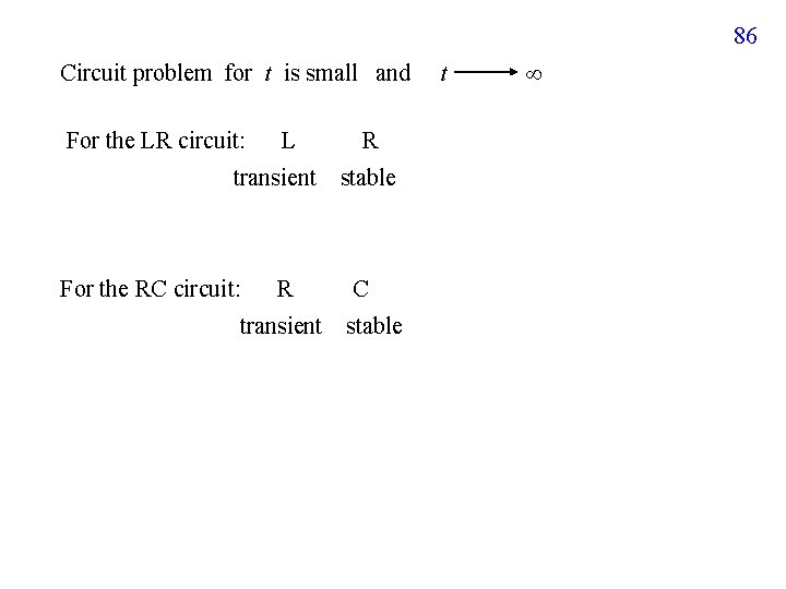 86 Circuit problem for t is small and For the LR circuit: L transient