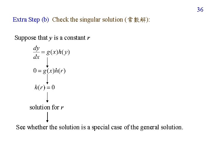 36 Extra Step (b) Check the singular solution (常數解): Suppose that y is a