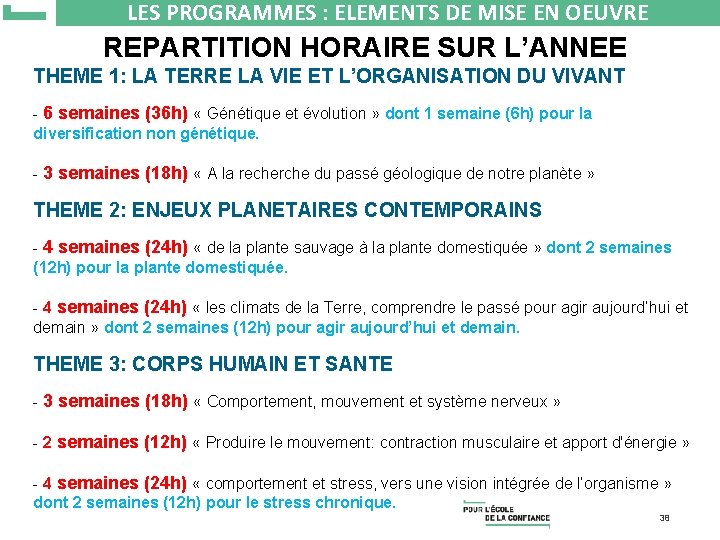 LES PROGRAMMES : ELEMENTS DE MISE EN OEUVRE REPARTITION HORAIRE SUR L’ANNEE THEME 1: