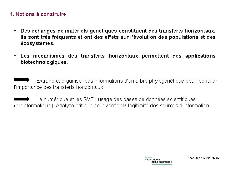 1. Notions à construire • Des échanges de matériels génétiques constituent des transferts horizontaux.