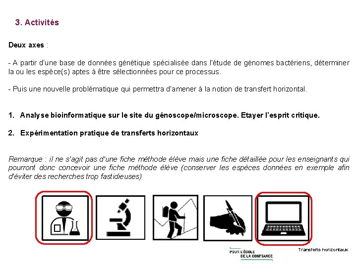 3. Activités Deux axes : - A partir d’une base de données génétique spécialisée